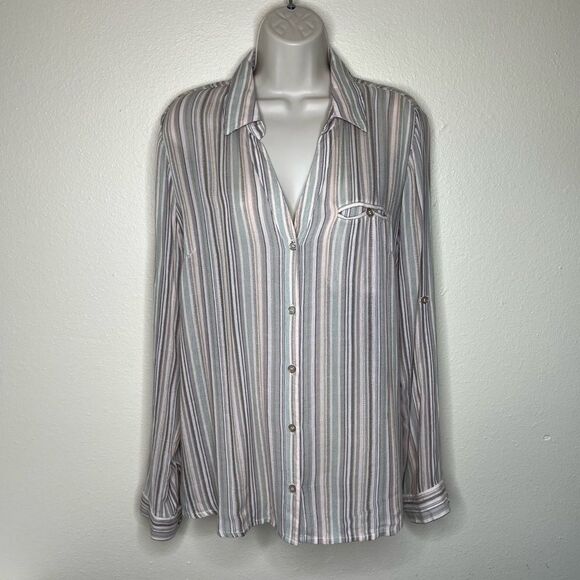 Kut From The Kloth Jasmine Stripe Gauze Shirt Roll Tab Long Sleeve Women XL FLAW - Picture 13 of 13